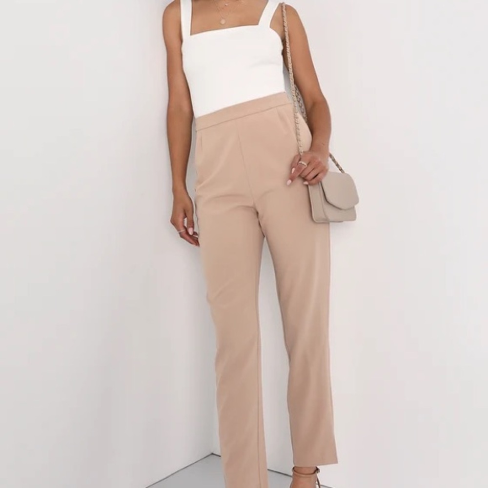 Lulu’s Kick It Beige High-Waisted Trouser Pants